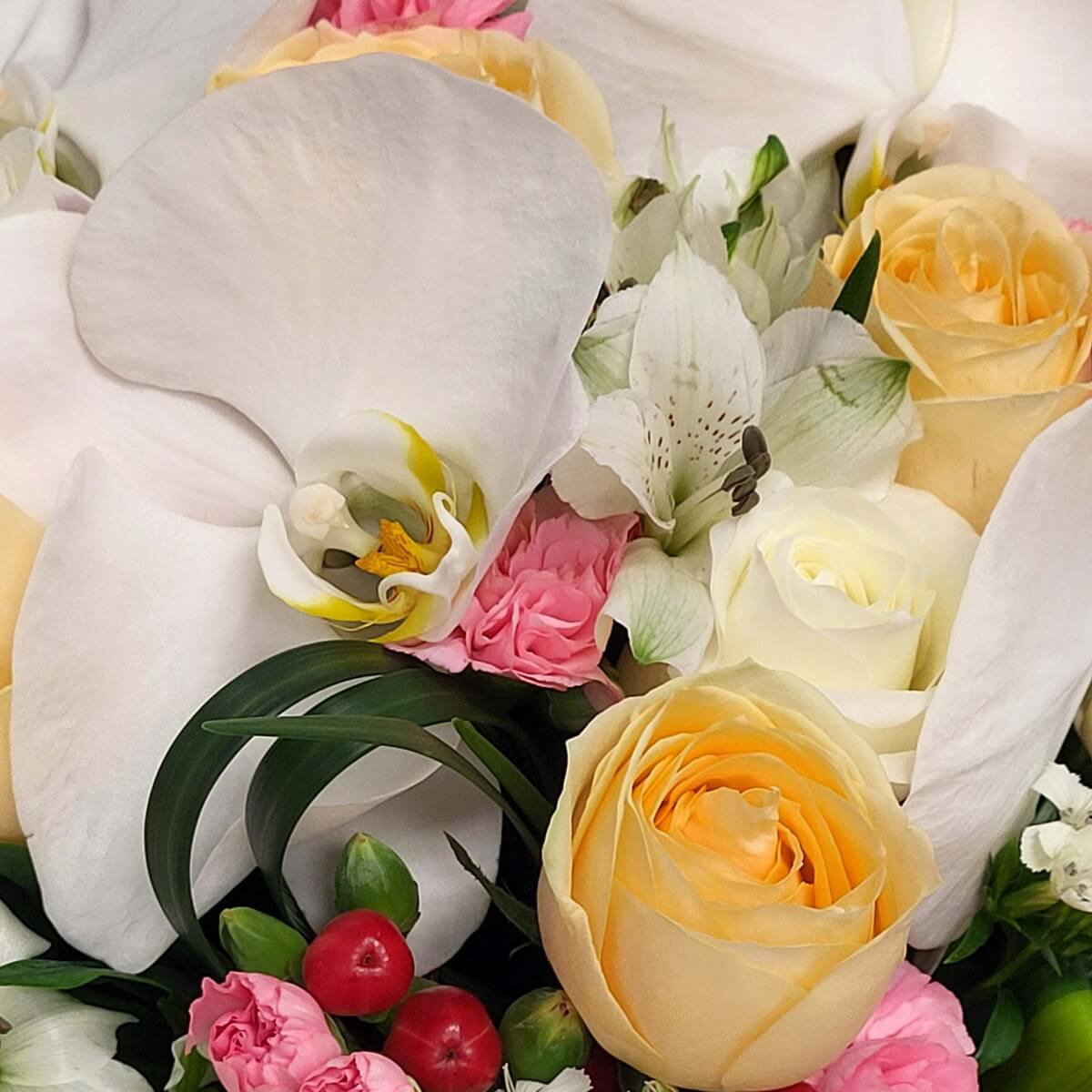 Detailed close-up of white phalaenopsis orchid, champagne roses, pink carnations, white alstroemeria, red hypericum berries, and curved foliage 白蝴蝶蘭、香檳玫瑰、粉紅康乃馨、白色六出花、紅鼠尾草果與彎葉細節特寫