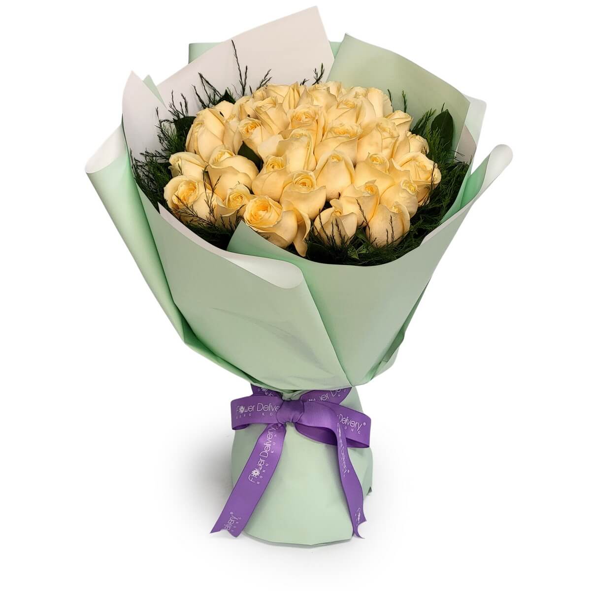 Bouquet of soft champagne roses surrounded by green foliage, wrapped in layered light green and white paper with a purple ribbon | 香檳玫瑰配綠葉花束，層層淺綠與白色包裝，綁紫色絲帶。