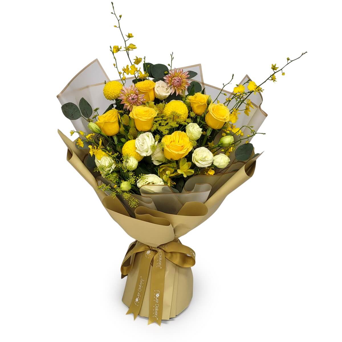 Bouquet with yellow roses, button chrysanthemums, pale pink dahlias, white lisianthus, and yellow alstroemeria. 黃玫瑰、乒乓菊、洋桔梗和粉色大麗花花束。