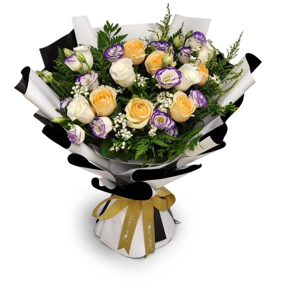 Elegant bouquet of champagne and ivory roses, purple eustomas, and green foliage in stylish black-and-white wrap 黑白包裝配金絲帶香檳白玫瑰紫洋桔梗與綠葉原相展示.