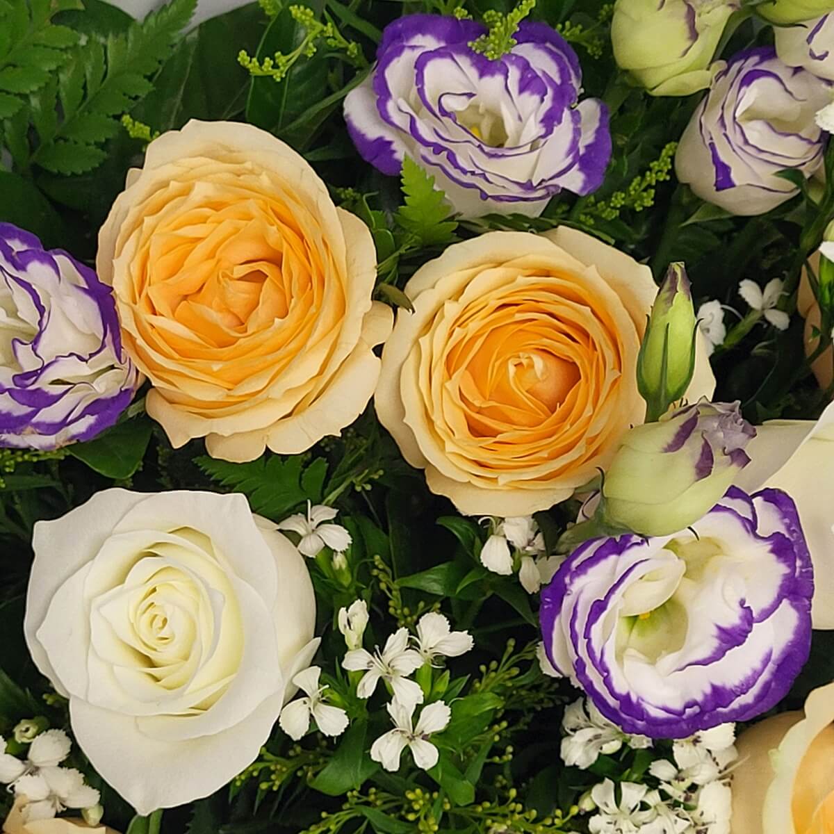 Top view of peach-toned garden roses, white roses, purple-edged lisianthus, and small white filler flowers with green fern foliage. 杏色玫瑰、白玫瑰、紫邊洋桔梗與綠葉白配花的混合花材俯視圖。