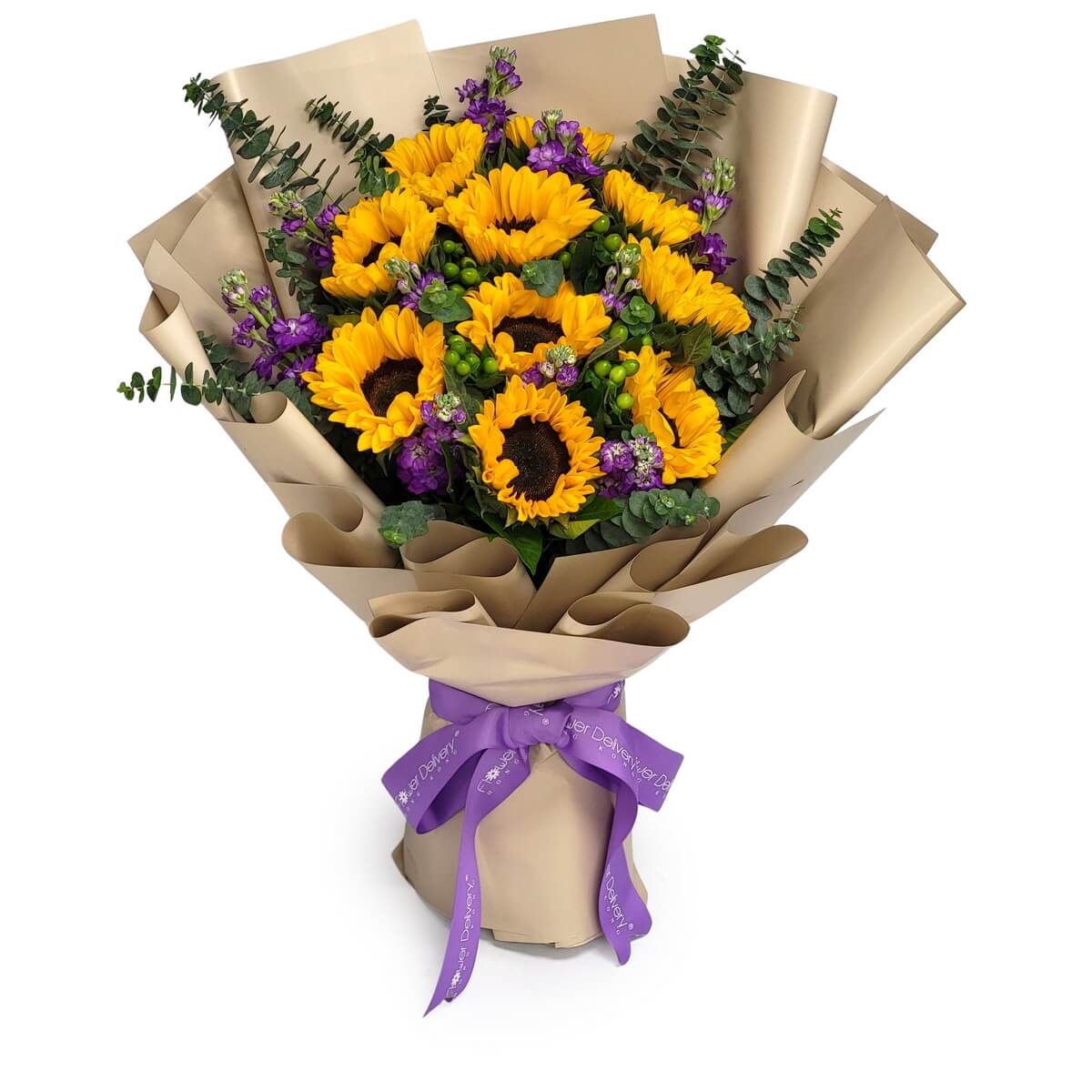 Vibrant bouquet of yellow sunflowers, purple stock flowers, green berries, and eucalyptus in beige wrapping | 鮮黃色向日葵配紫羅蘭、綠色漿果及尤加利葉，襯以米色包裝紙