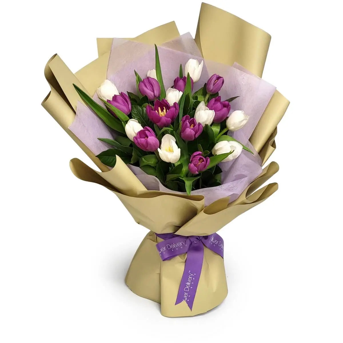 Elegant bouquet of vibrant purple and white tulips with fresh green leaves, wrapped in beige and lilac-toned paper with a lavender ribbon | 紫色與白色鬱金香搭配鮮綠葉材，包裹於米色及淡紫色層次包裝紙中，綁上薰衣草紫絲帶。