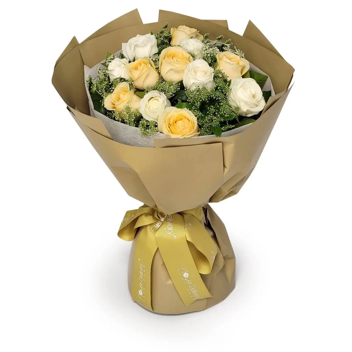 Ivory and champagne roses arranged with assorted greenery, wrapped in matte gold paper and secured with a matching ribbon | 米白及香檳玫瑰與綠葉相配，包於啞金色包裝紙並綁以同色絲帶