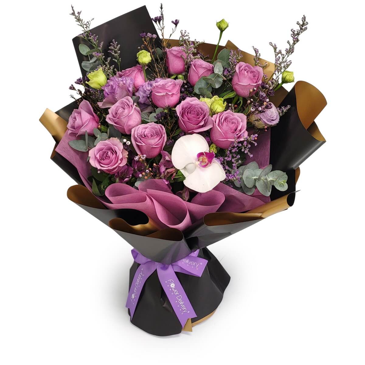 Hand-tied bouquet featuring multiple purple roses, a white phalaenopsis orchid, eucalyptus foliage and fine fillers, wrapped in black and plum paper - 紫色玫瑰、白色蝴蝶蘭、尤加利葉花束，黑紫色包裝