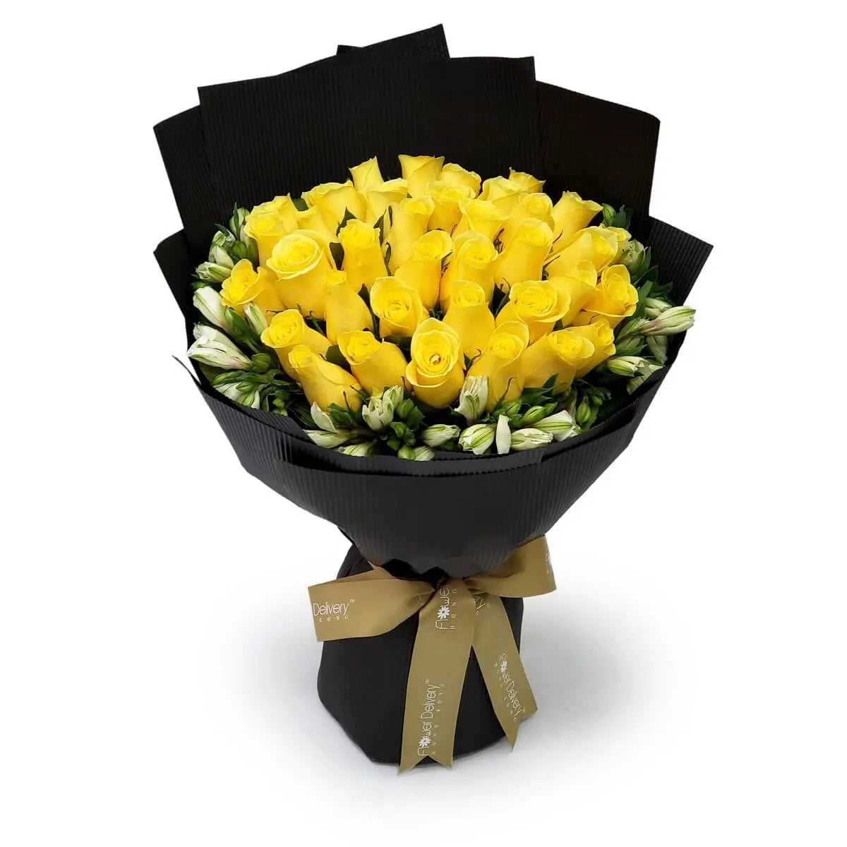 Full bouquet of vivid yellow roses encircled by white alstroemeria buds, presented in deep black textured paper wrap | 滿束鮮黃玫瑰與潔白六出花緊密相襯，外層採用黑色條紋包裝紙與金色緞帶包裹，色彩對比鮮明大方。