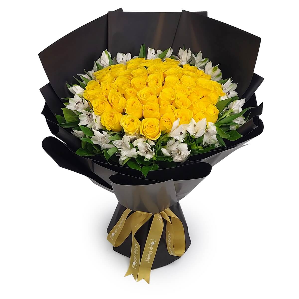 Elegant bouquet of yellow roses surrounded by white alstroemeria and greenery, wrapped in sleek black paper with golden ribbon - 優雅黃玫瑰與白小百合花束，襯綠葉，黑色包裝配金絲帶。