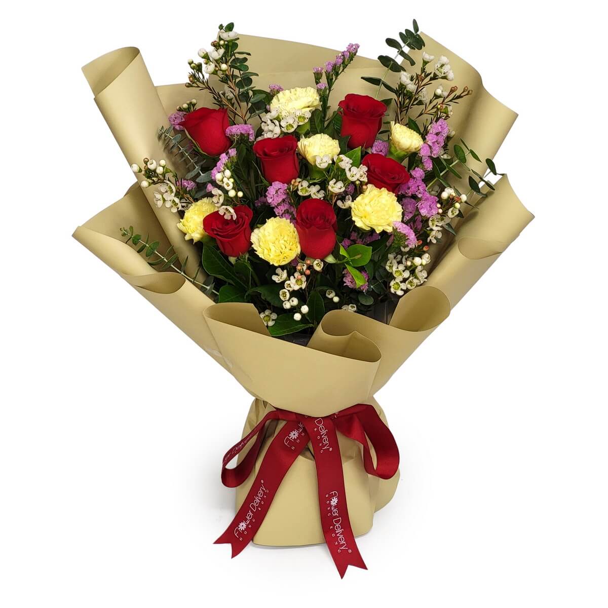 Elegant beige-wrapped bouquet featuring red roses, yellow carnations, pink statice, and greenery 米色包裝配紅絲帶紅玫瑰黃康乃馨粉補血草及綠葉原相展示.