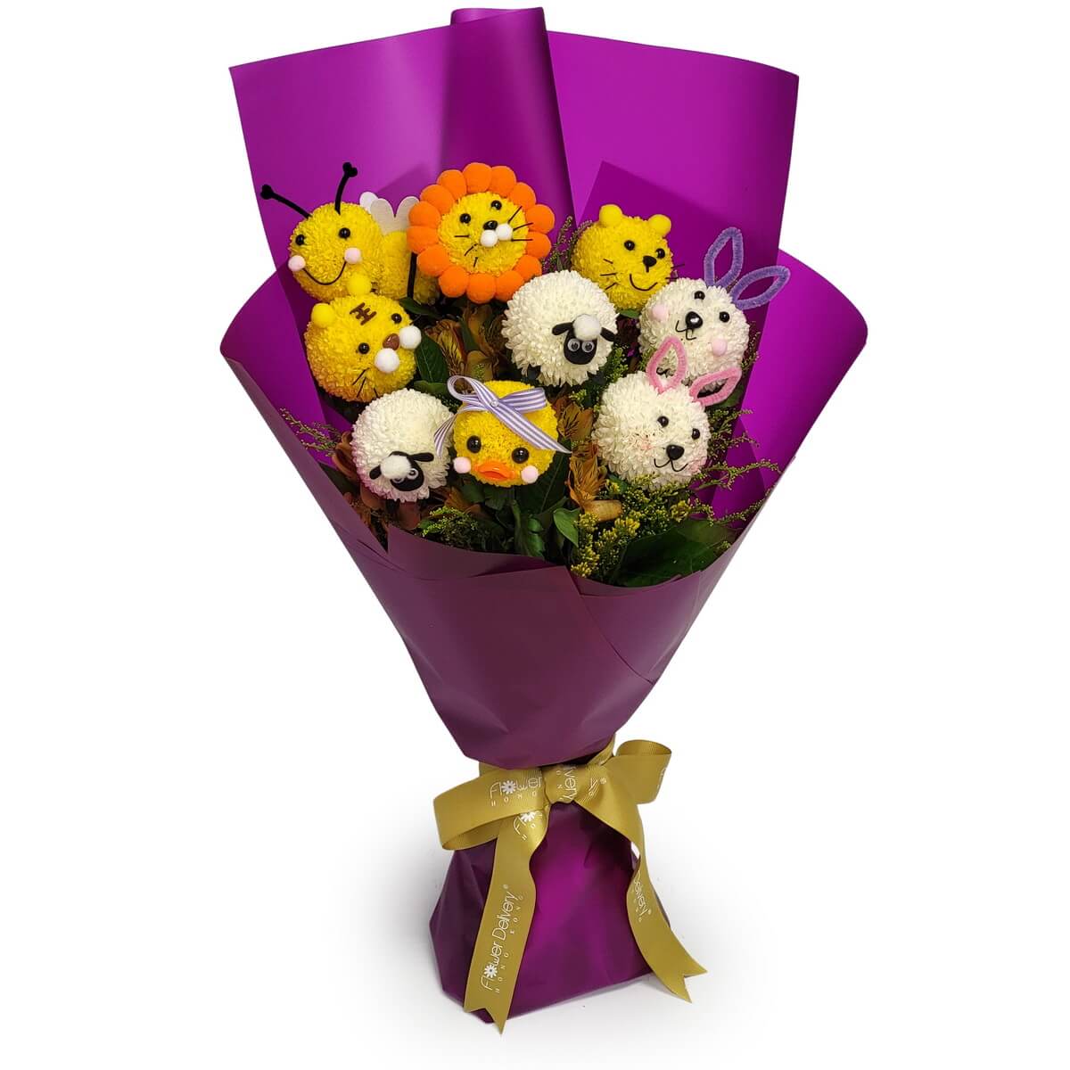 Full bouquet of animal-shaped button chrysanthemums in yellow and white with greenery, bold purple wrapping - 黃白色乒乓菊動物造型花束配綠葉及紫色包裝