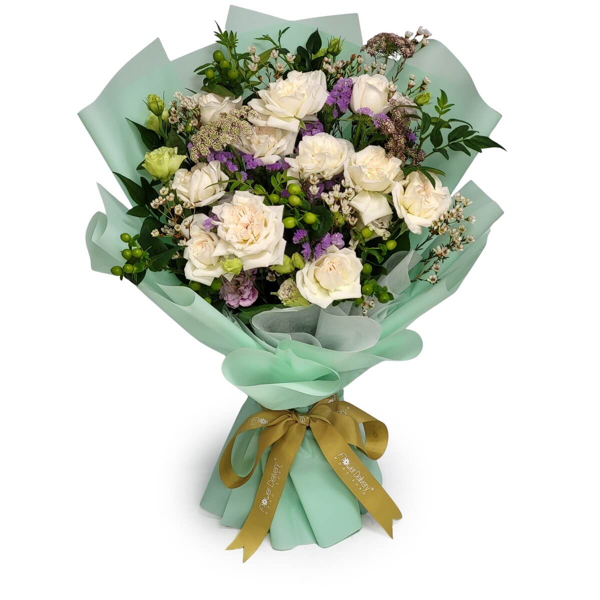 Elegant bouquet of cream roses, purple statice, wax flowers and green berries wrapped in mint-green paper with gold ribbon 原色實拍 香檳玫瑰 紫補血草 臘梅 綠果 薄荷綠包裝 金色絲帶花束