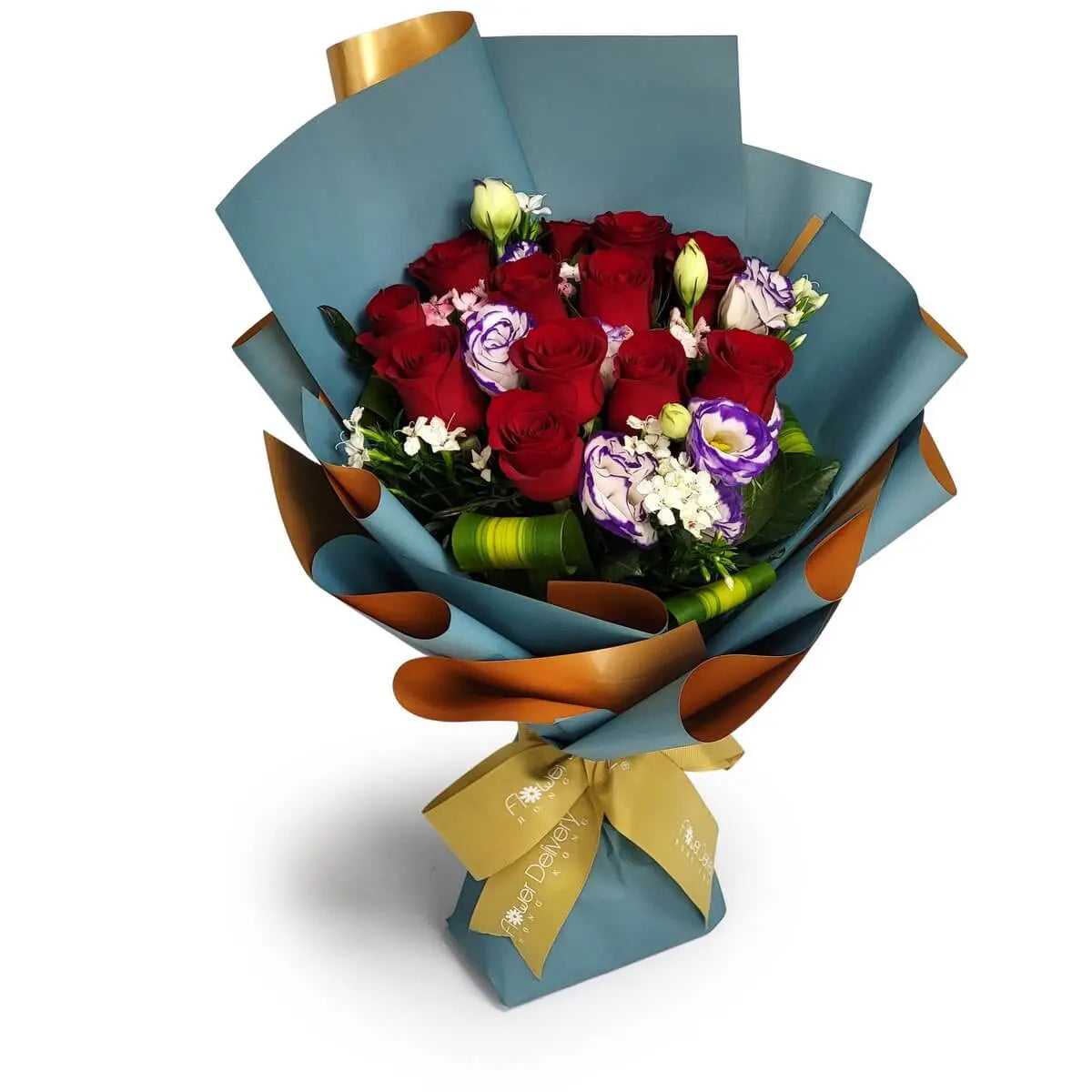 Striking bouquet of red roses, bicolor lisianthus, and white filler blooms, wrapped in teal and bronze paper with gold ribbon | 鮮紅玫瑰配紫白雙色桔梗與細白襯花，包於孔雀藍及古銅色包裝紙中，綁上金緞帶，配色搶眼華麗。