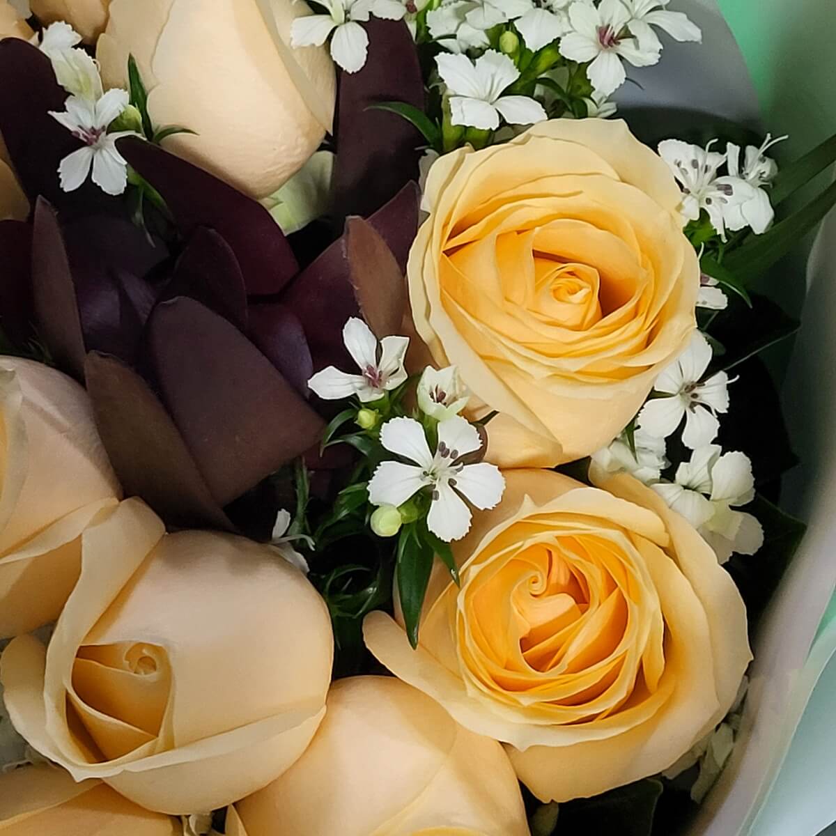 Floral arrangement of creamy yellow hybrid tea roses surrounded by white dianthus flowers and glossy burgundy-toned leaves - 奶黃混種玫瑰花藝設計，搭配白石竹與亮澤酒紅葉片