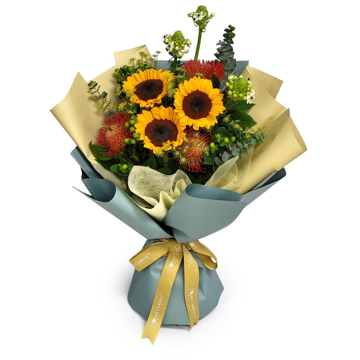 Original photo of sunflower and red pincushion protea bouquet with green berries and eucalyptus in gold-sage wrapping 原色實拍 向日葵 紅針墊花 綠果 尤加利葉 金灰包裝花束
