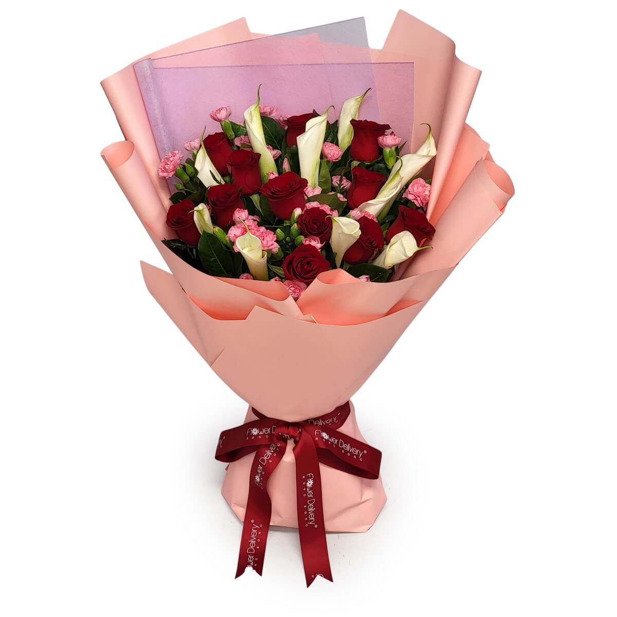 Full bouquet of red roses, white calla lilies, pink spray carnations, and greenery wrapped in peach paper with red ribbon 深紅玫瑰、白馬蹄蓮、粉康乃馨及綠葉柔桃包裝配紅絲帶原圖花束