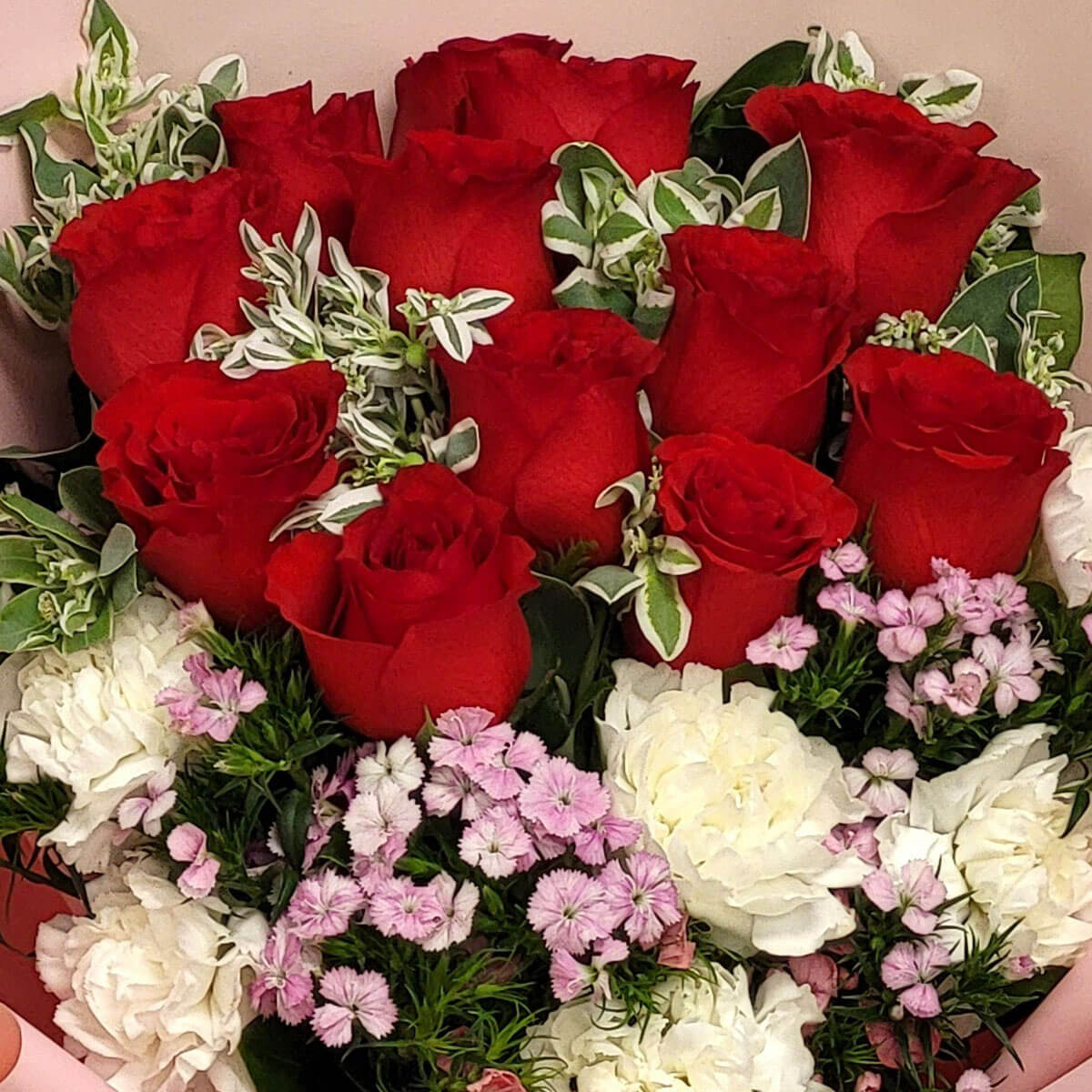 A romantic bouquet of red roses, white carnations, and pink dianthus, enhanced with fresh variegated leaves 紅玫瑰、白康乃馨與粉色石竹交織，綠葉點綴，傳遞深情與溫柔。