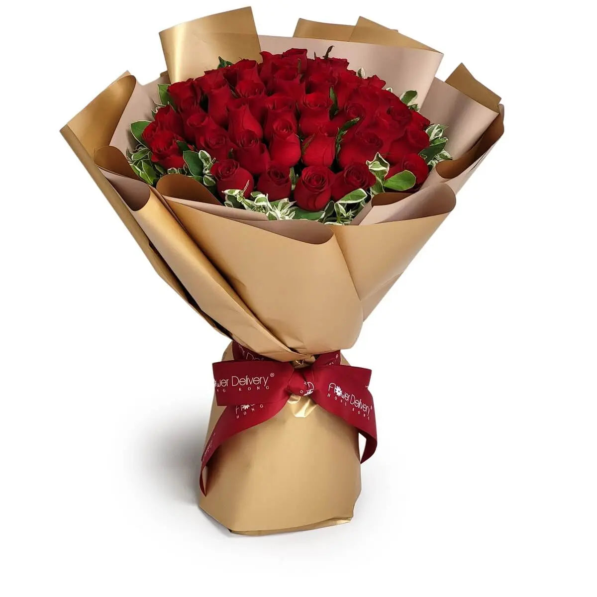 Bold cluster of velvety red roses encircled by variegated foliage, wrapped in metallic gold paper and tied with a wine-red ribbon | 鮮紅玫瑰花束配襯斑葉綠葉，包裹於金色包裝紙中，綁上深紅緞帶，展現高貴氣質。