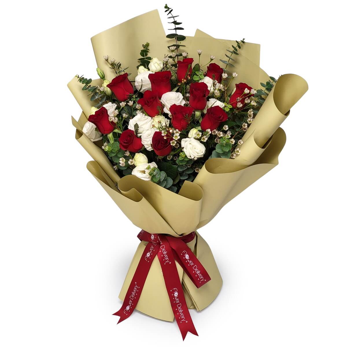 Elegant bouquet of red and white roses with green fillers, arranged in gold wrapping and finished with red ribbon - 高雅花束，紅玫瑰與白玫瑰，配綠葉與金色包裝。