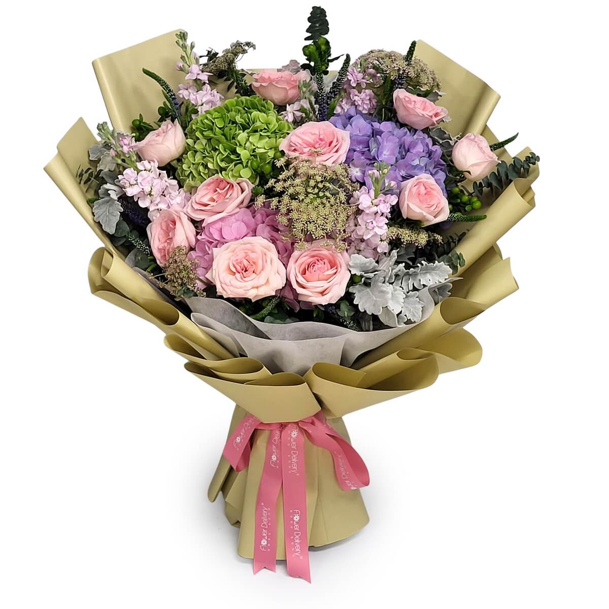 Full bouquet of pink roses, pink, lilac and green hydrangeas, lilac stock, and Queen Anne’s lace wrapped in beige paper 粉紅玫瑰、粉紅、淡紫與綠繡球、麝香及蕾絲花的原圖花束