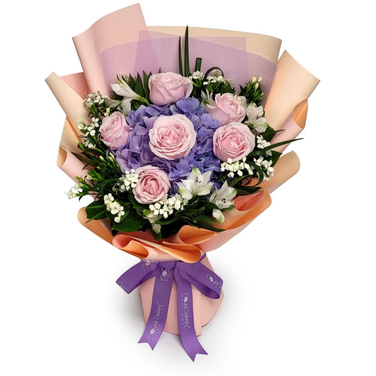 Full bouquet of pink roses, purple hydrangeas, white alstroemeria, and greenery wrapped in peach and lilac paper with purple ribbon 粉紅玫瑰、紫繡球花、白色小百合及綠葉蜜桃淡紫包裝配紫絲帶原圖花束