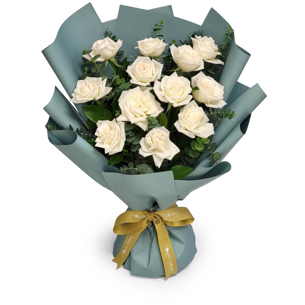 White roses and eucalyptus foliage in blue-green wrap with gold ribbon. 白玫瑰與尤加利葉手扎花束，配藍綠包裝紙及金色絲帶。