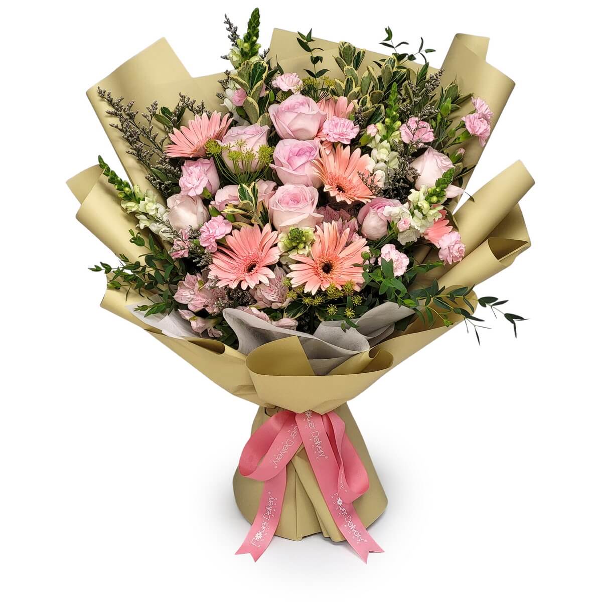 Lush bouquet of pink gerberas, blush roses, snapdragons, and carnations with greenery, wrapped in gold-toned paper 粉紅非洲菊、玫瑰、小白兔花與康乃馨組成的花束，搭配綠葉與金色包裝紙。