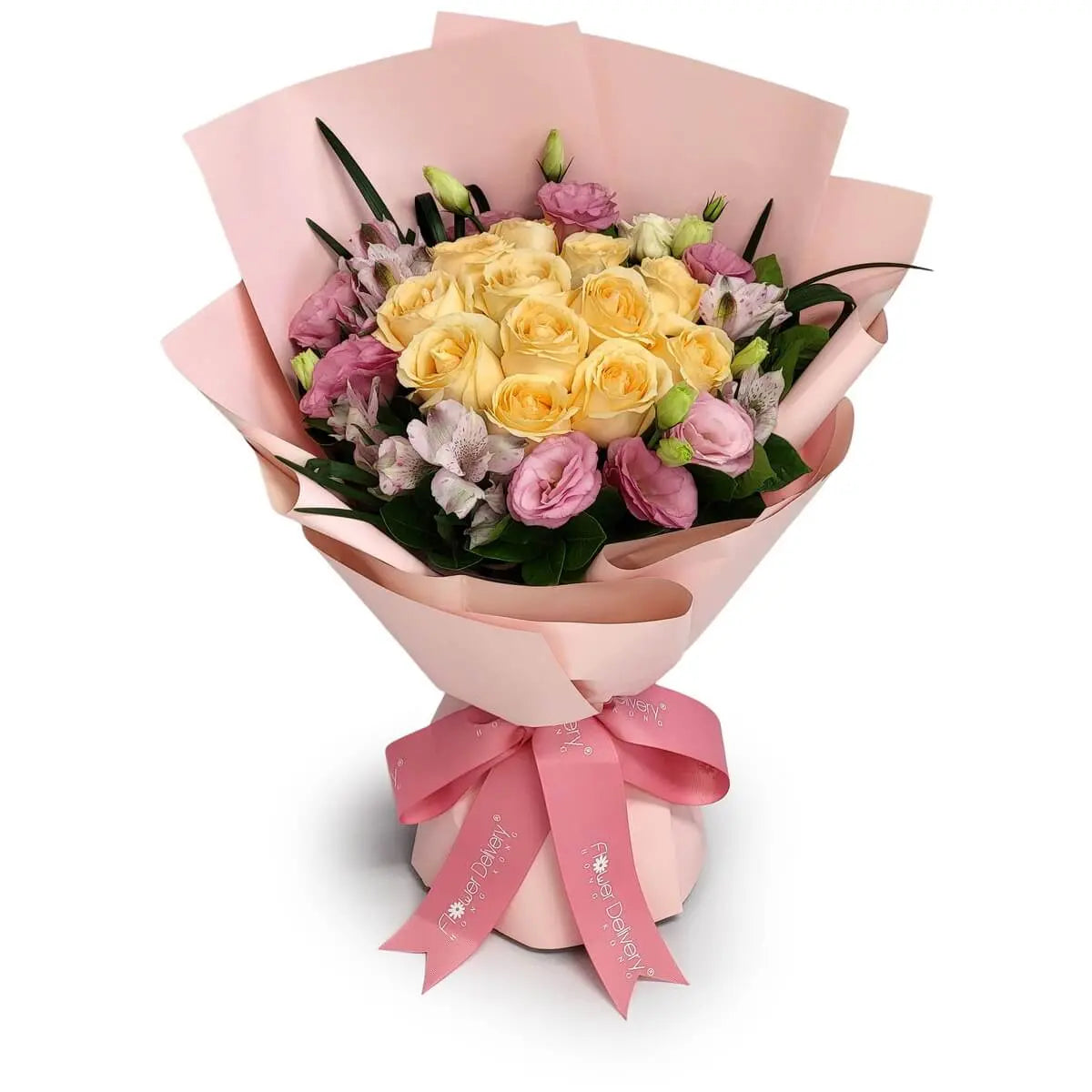 Bouquet featuring champagne roses, pink lisianthus, and soft purple alstroemeria, wrapped in layered blush pink paper with ribbon | 香檳玫瑰配粉紅桔梗及紫六出花，粉紅包裝並綁絲帶