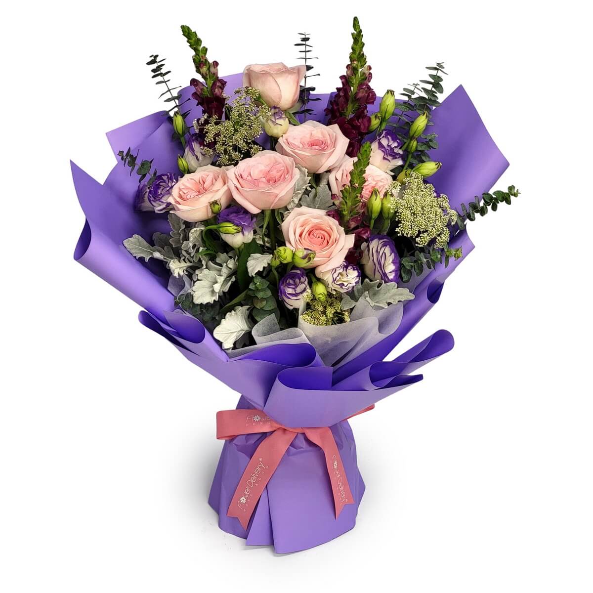 Pink roses with purple eustoma and burgundy snapdragons in lilac wrapping 粉紅玫瑰、紫洋桔梗與酒紅金魚草紫色包裝花束原圖