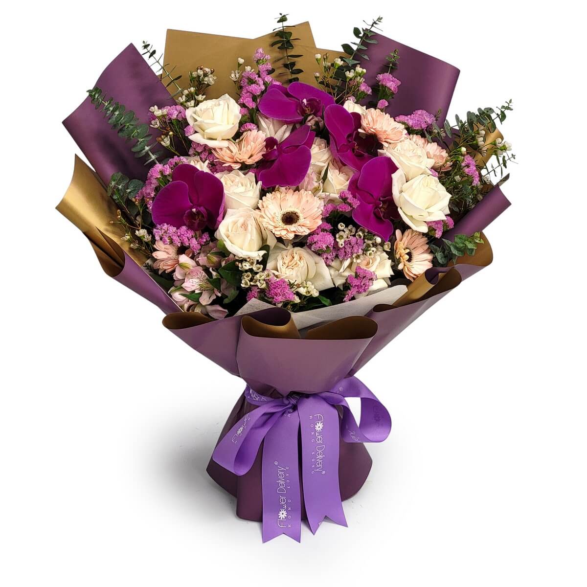 Full bouquet of cream roses, purple orchids, peach gerberas, lilac fillers, and eucalyptus wrapped in plum-gold paper with purple ribbon 香檳玫瑰、紫蝴蝶蘭、淡桃太陽花、紫色襯花及尤加利葉梅紫金色包裝配紫絲帶原圖花束