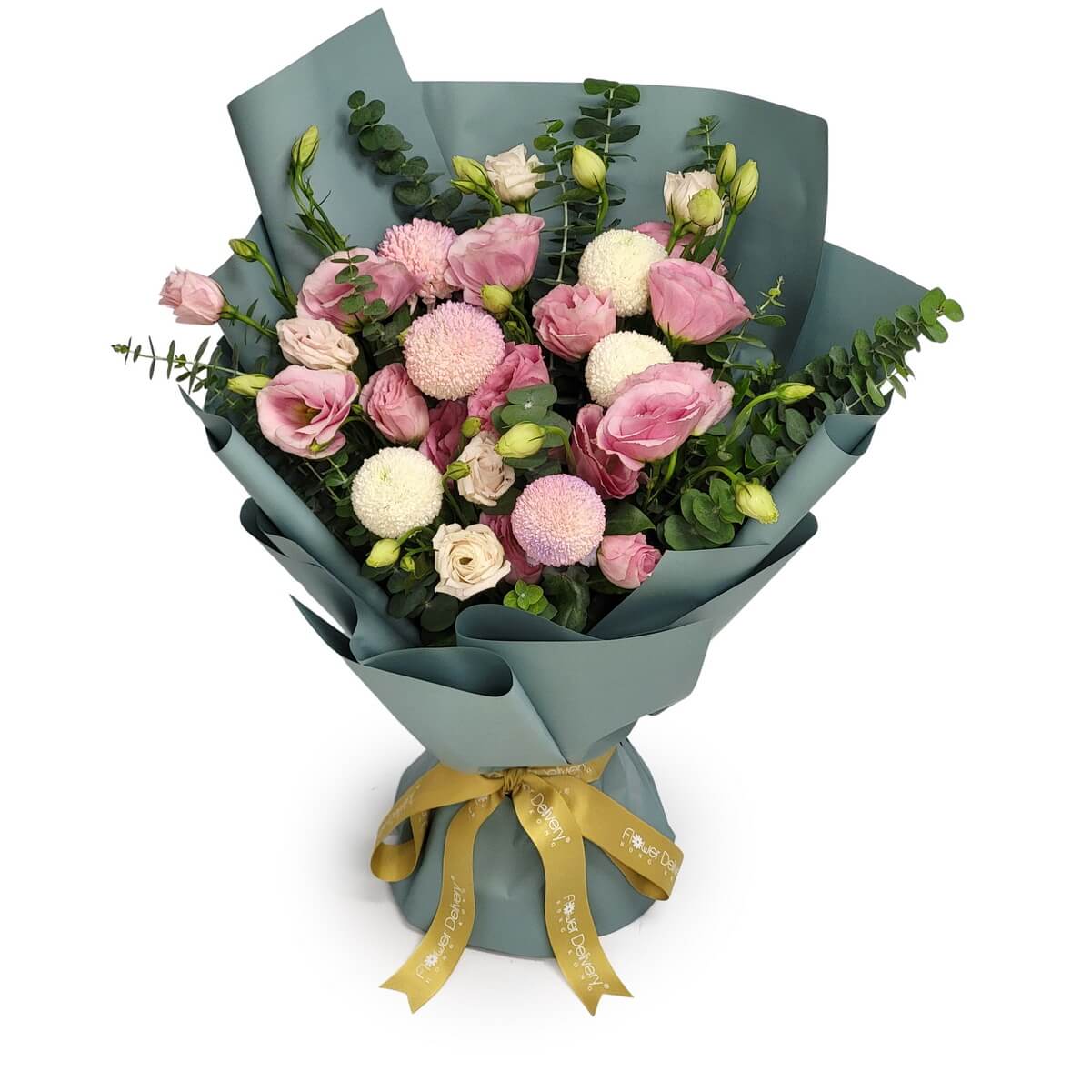 Hand-tied bouquet with pink lisianthus, blush and white button chrysanthemums, pale roses, and eucalyptus in matte teal wrap. 粉紅洋桔梗、粉白乒乓菊、淡色玫瑰及尤加利葉組成的手綁花束，以霧面青綠包裝紙包裹。