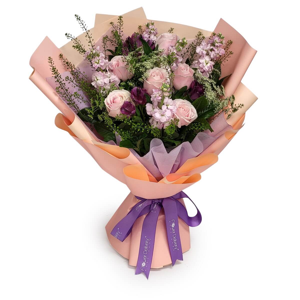 Elegant bouquet featuring pink roses, lilac stock, purple alstroemeria, and greenery, wrapped in peach and lavender-toned paper - 粉玫瑰、淡紫香豌豆與深紫六出花花束，配綠葉與桃色包裝。