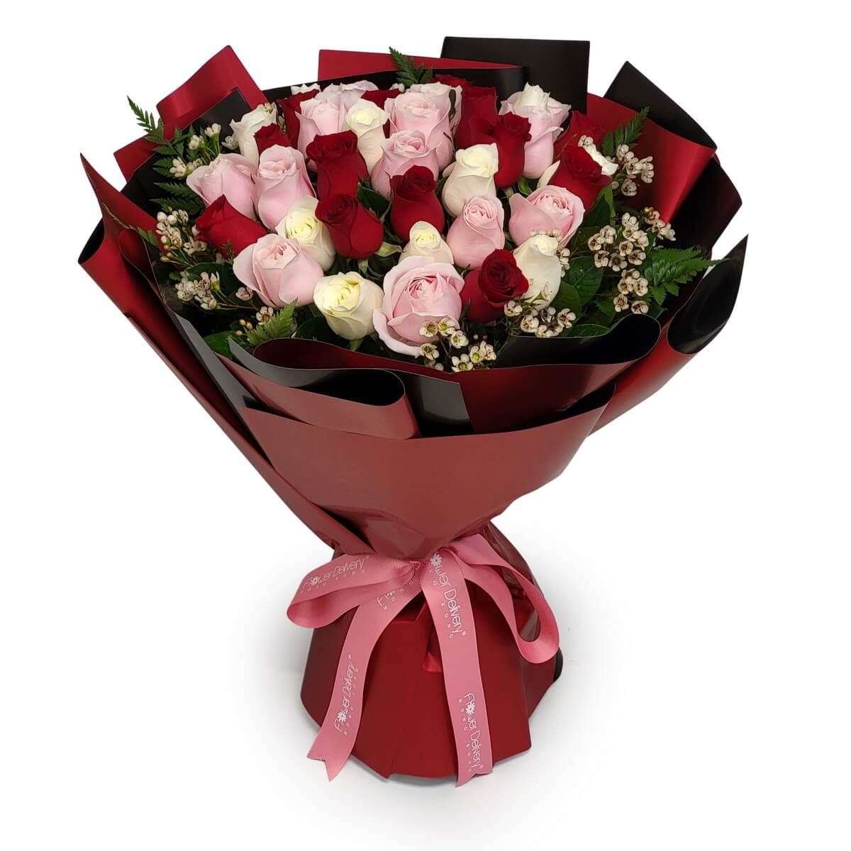 Full bouquet of red, pink and cream roses accented with wax flowers, greenery and deep red wrapping in original photo 紅粉奶白玫瑰配蜡花及深紅包裝的完整花束