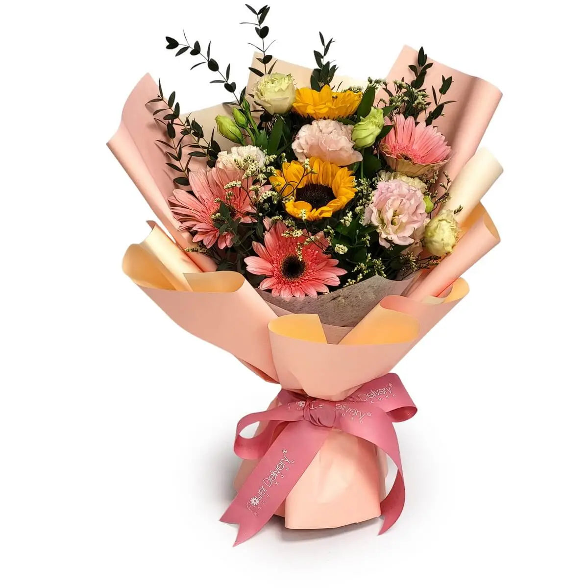 Vibrant bouquet of golden sunflowers, coral-pink gerberas, pale lisianthus, green rosebuds, and foliage, wrapped in layered peach paper | 金黃向日葵、粉紅非洲菊、淡色桔梗與嫩綠玫瑰花苞組成的花束，配以分層桃色包裝紙與粉紅絲帶。