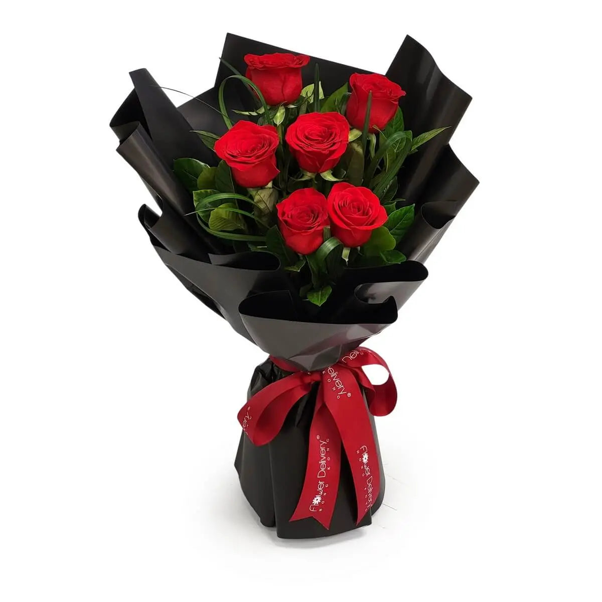 Arrangement of red roses with lush greenery, presented in glossy black wrapping and finished with a red ribbon | 紅玫瑰與翠綠葉片組成花束，黑色包裝紙包裹，紅色絲帶繫結。
