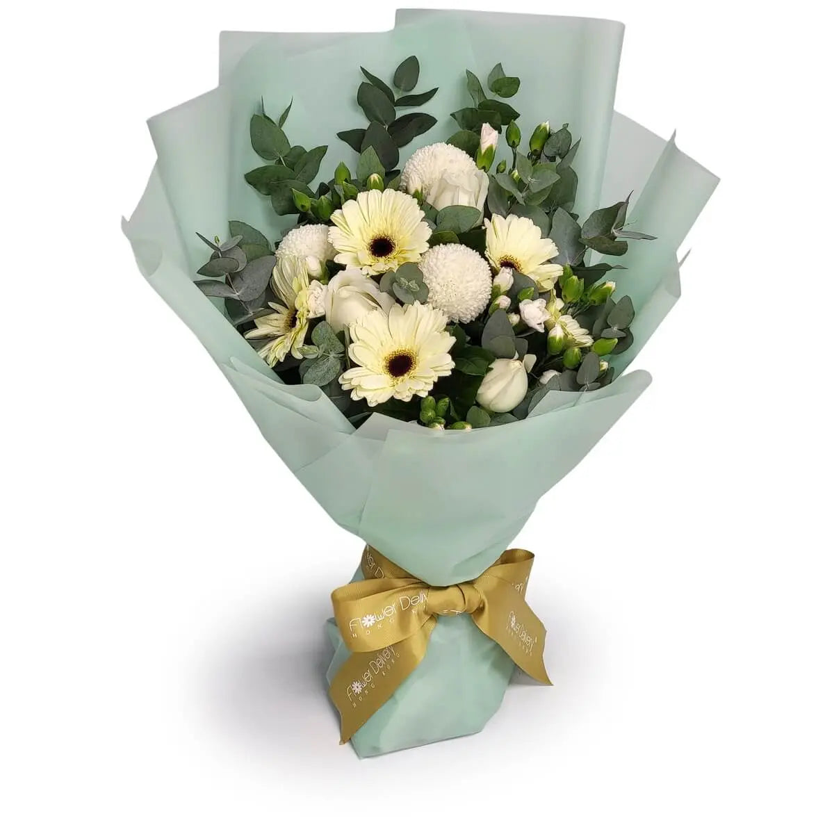 Elegant bouquet of white gerberas, pompom chrysanthemums, roses, and lisianthus, accented with eucalyptus and mint green wrap | 白色非洲菊、球狀菊、玫瑰與桔梗，配尤加利葉與薄荷綠包裝紙。