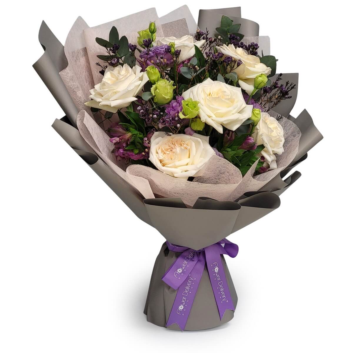 Hand-tied bouquet featuring white roses, purple filler flowers, green spray roses and eucalyptus, wrapped in grey layered paper - 白玫瑰、紫色小花、綠色小玫瑰及尤加利葉花束，灰色包裝
