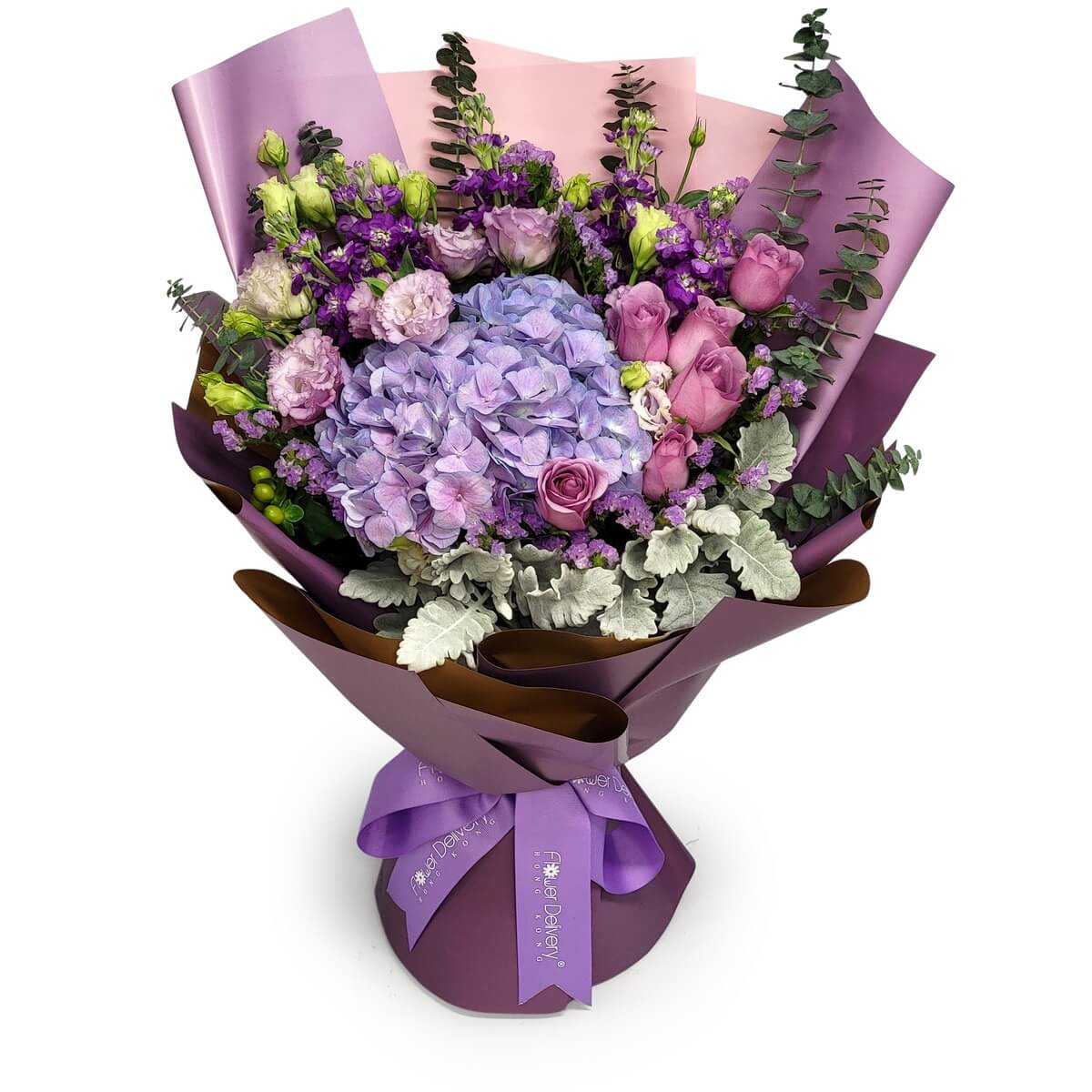 Purple hydrangeas and mauve roses bouquet with eustoma and lilac stock plum-pink wrapping 紫繡球花、紫玫瑰、洋桔梗與淡紫麝香紫粉包裝原圖花束