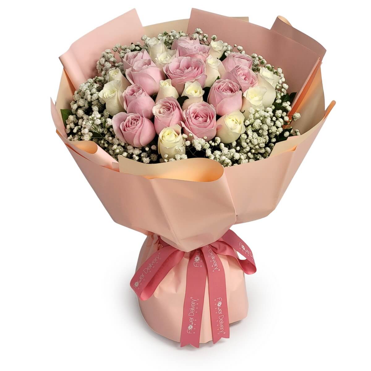 Pink and cream roses bouquet with baby’s breath and peach wrapping 粉紅與香檳玫瑰襯滿天星柔粉包裝原圖花束