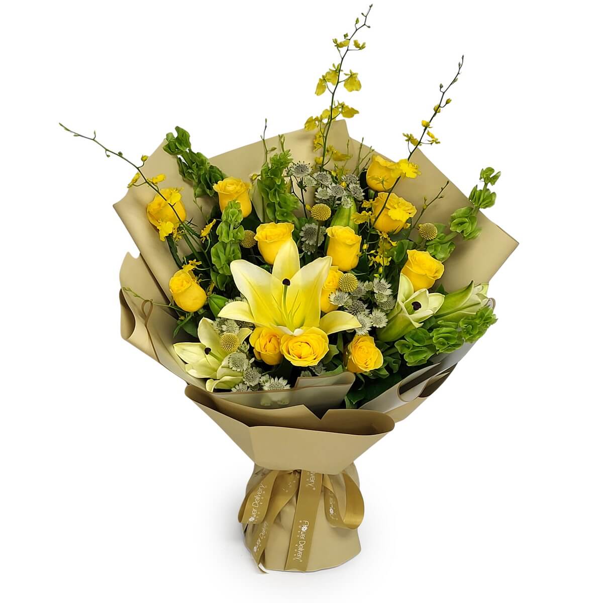 Vibrant bouquet of yellow roses, lilies and orchids with lush greens, wrapped in gold paper with ribbon - 明亮黃玫瑰、百合與蘭花，綠葉點綴，金色包裝設計。