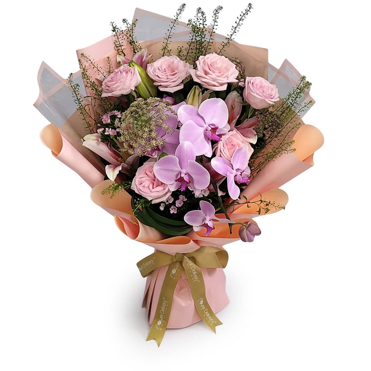 Full bouquet of pink roses, orchids, lilies, and Queen Anne’s lace wrapped in peach and beige paper with golden ribbon 粉紅玫瑰、蝴蝶蘭、百合及蕾絲花蜜桃米色包裝配金色絲帶原圖花束