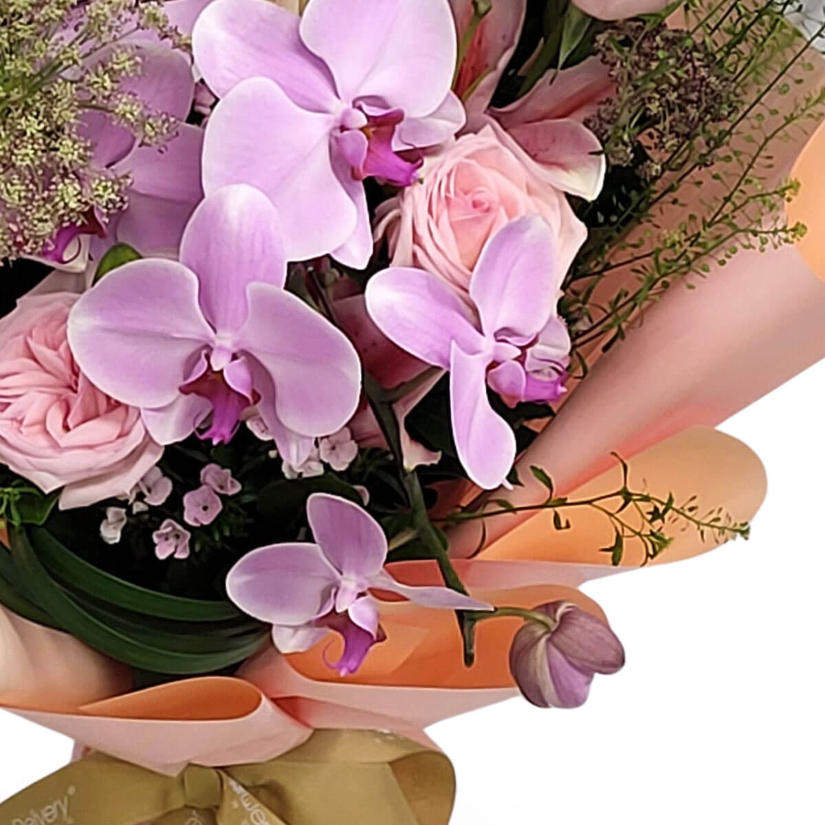 Delicate pink orchids and blush roses with soft greenery, wrapped in peach tones 粉紅蝴蝶蘭與玫瑰交織綠葉，蜜桃包裝襯托溫柔氣質，優雅而浪漫。