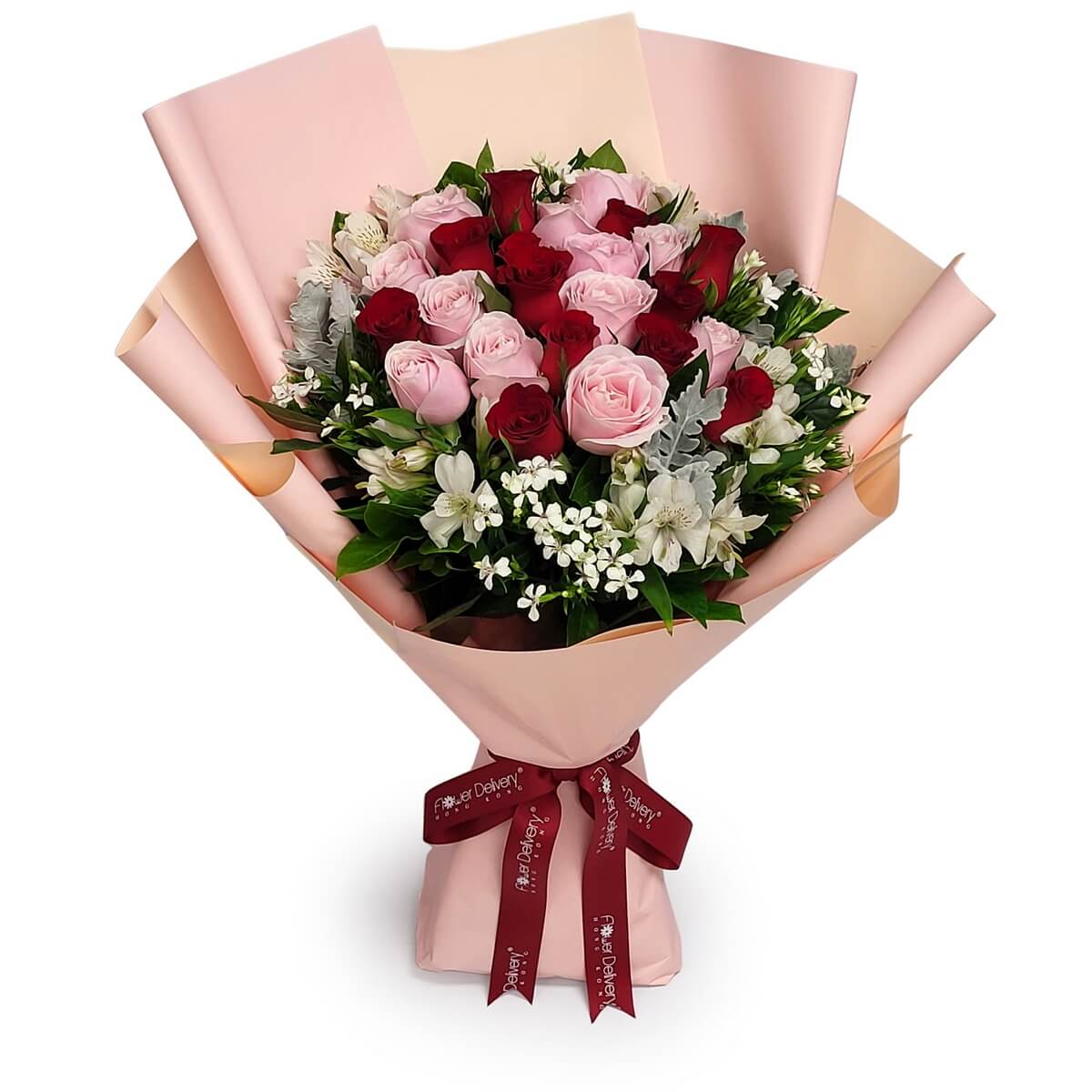 Elegant bouquet of pink roses, red roses, white alstroemeria, seasonal white blooms, and greenery in blush wrap - 優雅花束包含粉紅玫瑰、紅玫瑰、小百合、白色花卉及綠葉，粉色包裝襯托。