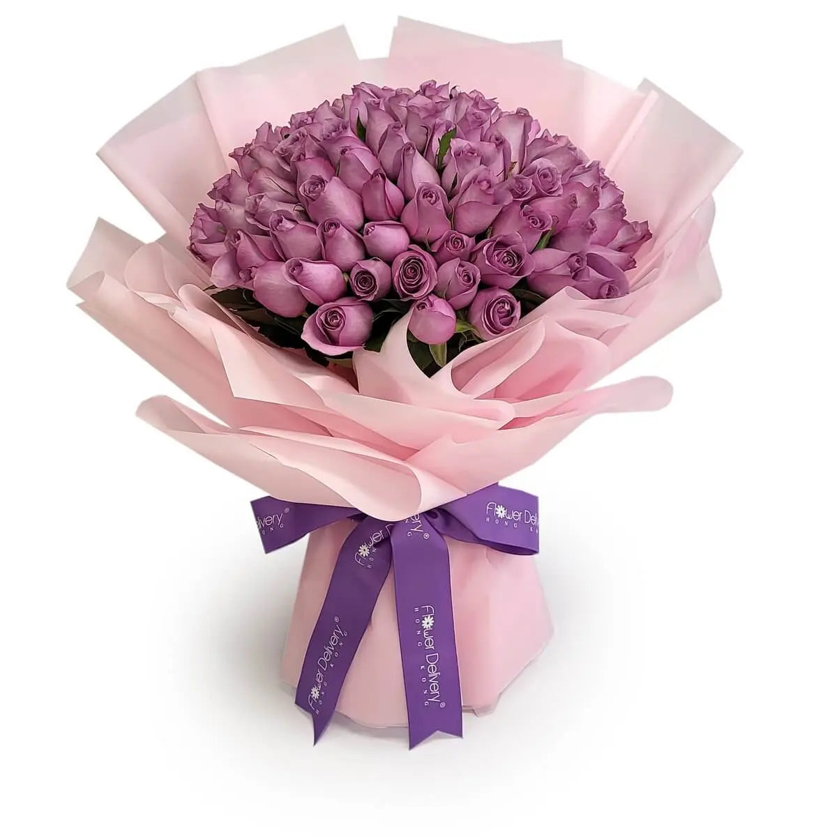 Tightly packed bouquet of purple roses, wrapped in layered soft pink paper and finished with a purple ribbon | 緊密排列的紫玫瑰花束，層層淡粉色包裝紙包裹，綁以紫色絲帶