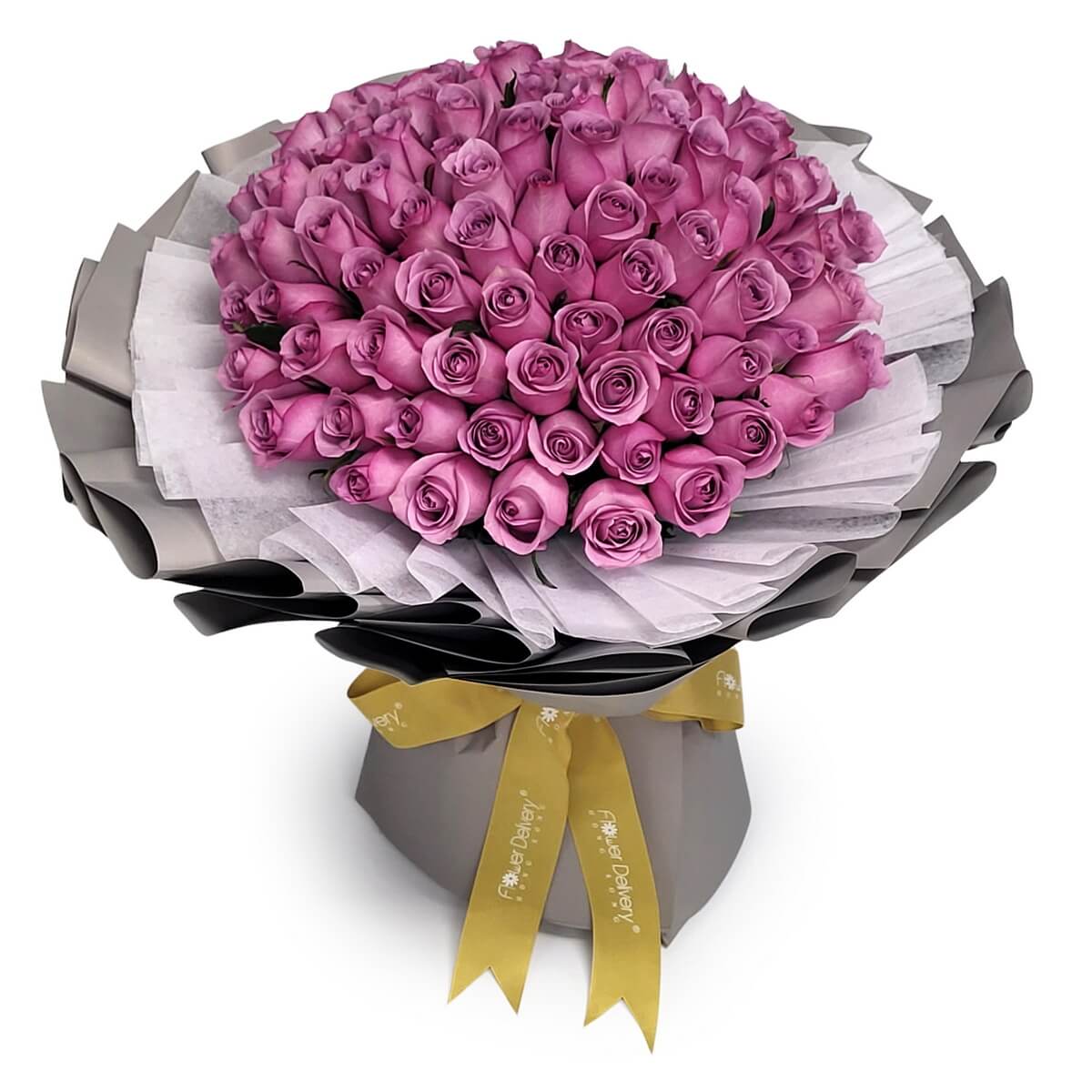 Round bouquet of lavender roses arranged densely, wrapped in layered grey-white paper and tied with golden ribbon 圓形紫玫瑰花束配多層灰白包裝紙及金色絲帶