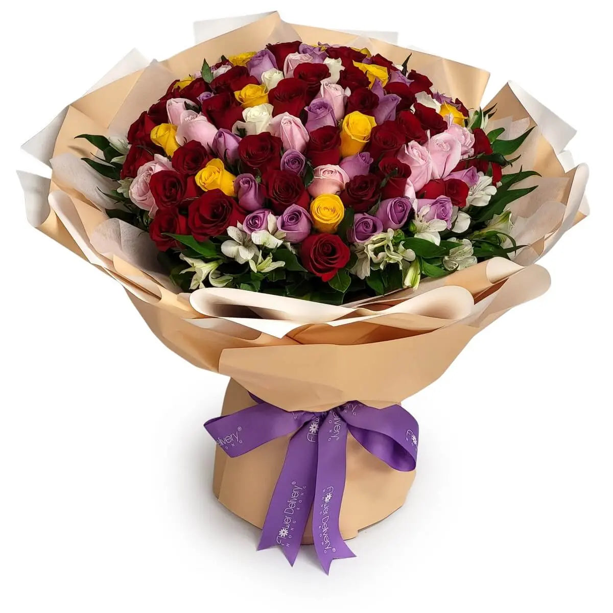 Bouquet of multicolored roses including red, yellow, pink, lavender, and cream, wrapped in beige and white layers | 五色玫瑰花束：紅黃粉紫米色，層次米白包裝紙束扎，配紫色絲帶裝飾