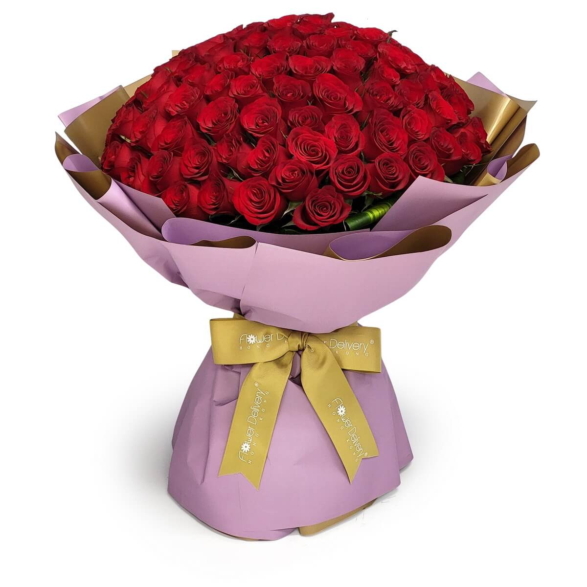 108 red rose bouquet in full dome arrangement with pink wrapping and gold ribbon - 108枝紅玫瑰圓頂花束配粉紅包裝紙及金色絲帶