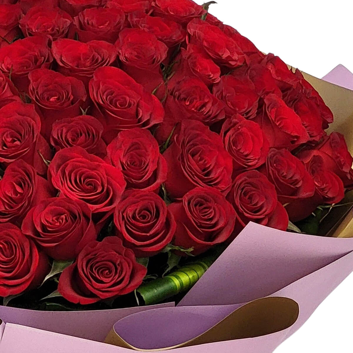 Detailed close-up of tightly arranged red roses in dome bouquet style wrapped in matte pink paper - 紅玫瑰圓頂花束特寫緊密排列配粉紅霧面包裝紙