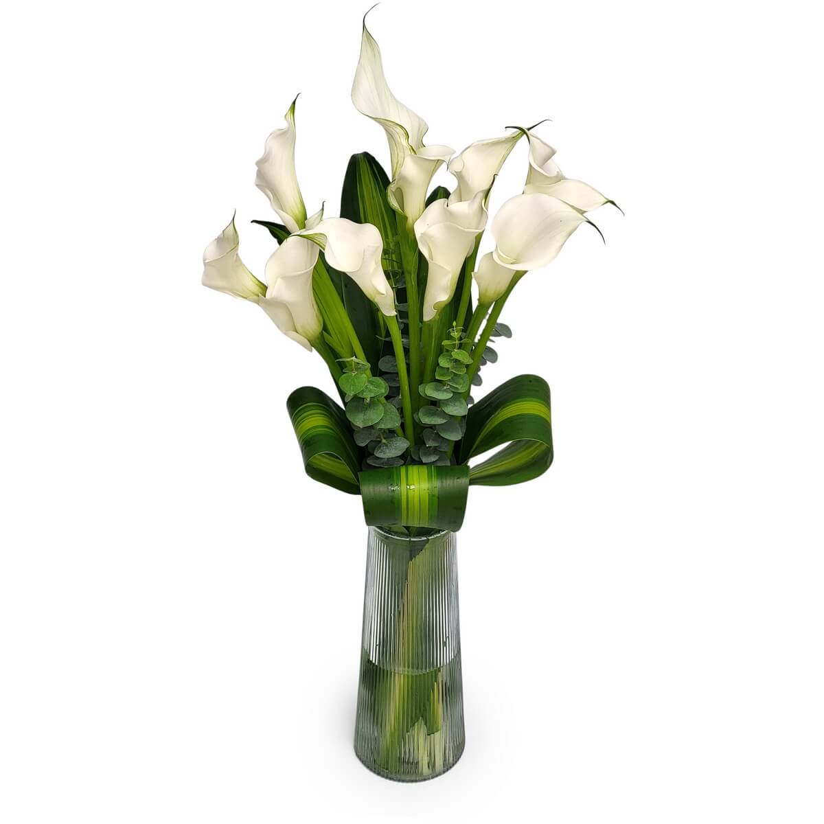 White calla lilies with aspidistra and eucalyptus in tall glass vase 白馬蹄蘭配曲葉及尤加利葉，插於高身玻璃花瓶中，設計簡潔現代感。