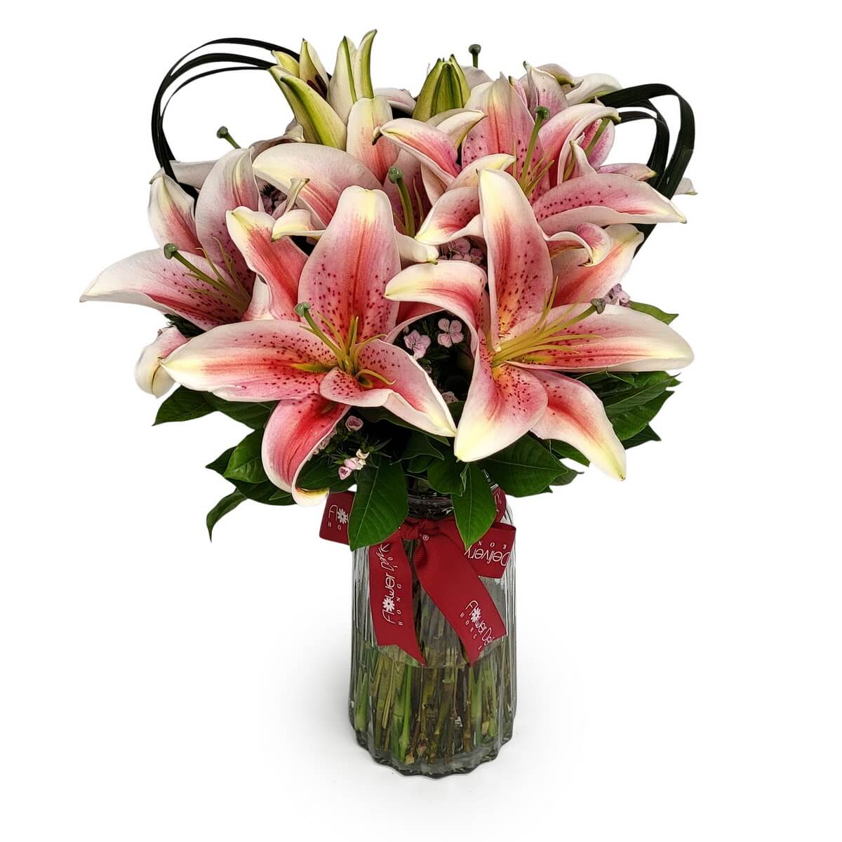 Elegant vase arrangement of pink stargazer lilies and filler flowers with red ribbon - 粉紅星辰百合與襯花玻璃花瓶設計，配紅絲帶。