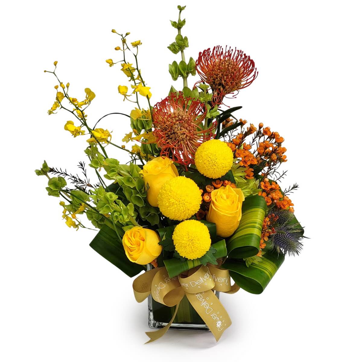 Vase arrangement featuring yellow button chrysanthemums, roses, red-orange pincushion protea, orange waxflowers, yellow orchids, green bells of Ireland and foliage - 花瓶插花包括黃色乒乓菊、玫瑰、橙紅色針墊花、橙色蠟花、蘭花、愛爾蘭鈴及綠葉