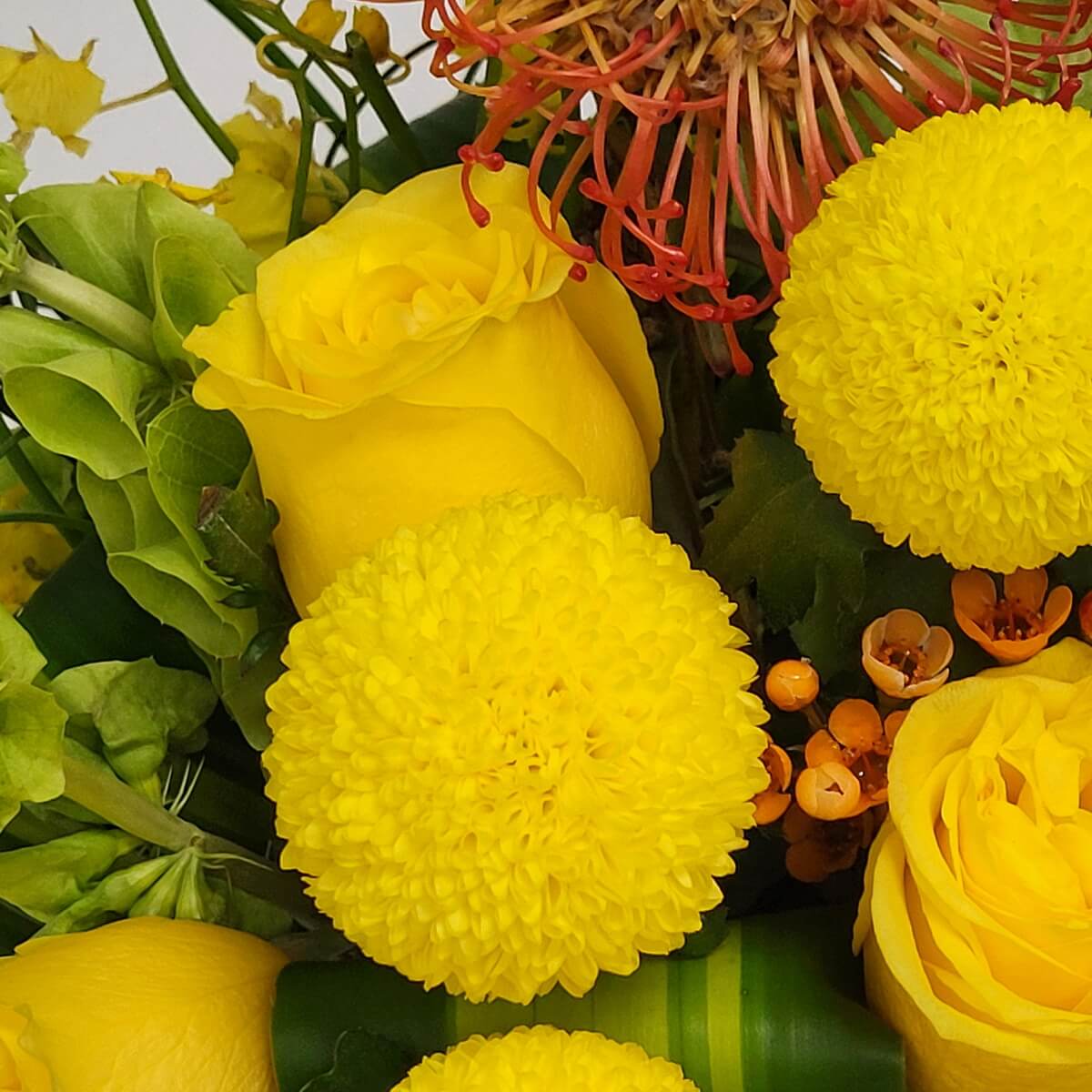 Detail view showing yellow button chrysanthemums, roses, orange pincushion protea and orange waxflowers - 黃色乒乓菊、玫瑰、橙色針墊花及橙色蠟花的細節視角
